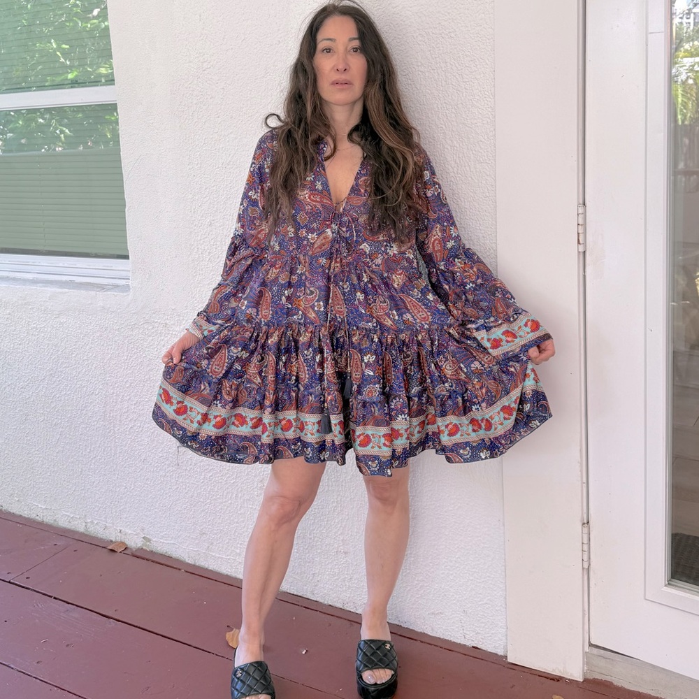 Silk Blend Boho Floral Bohemian Dress in Purple